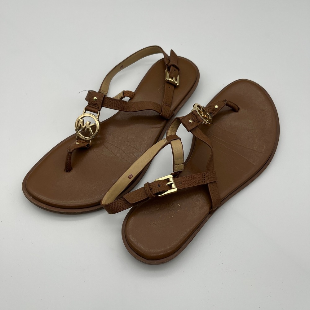 Michael Kors Plate‎ Jelly Thong Sandals Brown Leather Gold Logo Womens 8M